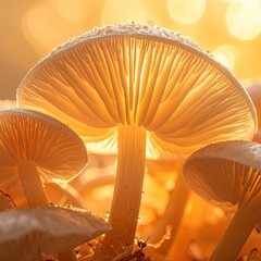 Close-up of several mushrooms bathed in warm light