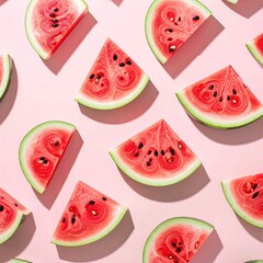 Watermelon slices arranged on a pink background (6)