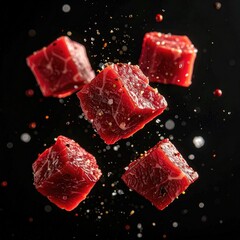 Cubes of raw beef in mid-air, sprinkled with seasonings
