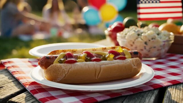 Hot dog on a picnic table with American flag and people in background. Summer celebration, outdoor meal for Independence Day.