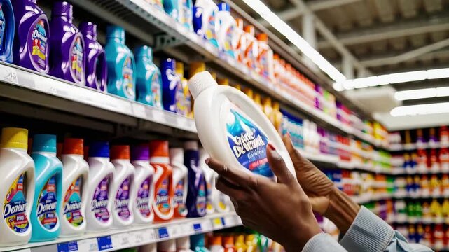 In this informative video, a shopper examines various laundry detergents on a brightly colored store shelf. The variety of brands and scents showcases the evolution of laundry care products available 