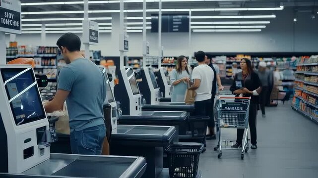 This engaging video showcases a bustling supermarket with customers using self-checkout machines. The modern setup emphasizes technology in shopping, highlighting efficiency and convenience as shopper