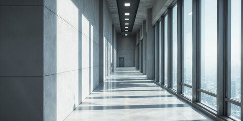 Obraz premium Sunlit Concrete Interior Shadows Perspective Perspective view into a minimalist concrete room or corridor, empty except for the dramatic interplay
