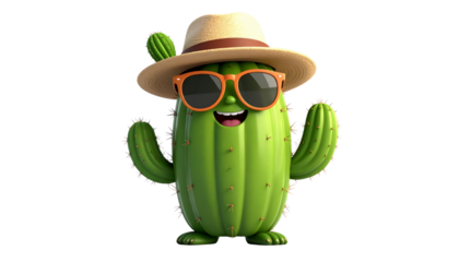 Happy 3D Cactus Character on Summer Vacation Wearing Hat and Sunglasses