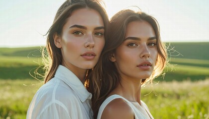 Twin sisters in sunny field: Two elegant twin sisters stand side by side, bathed in the soft glow of the sun, their eyes sparkling with a shared bond, against a backdrop of gently rolling hills.