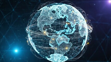 Polygonal world map rotating, futuristic geometric wireframe visualization. - Powered by Adobe
