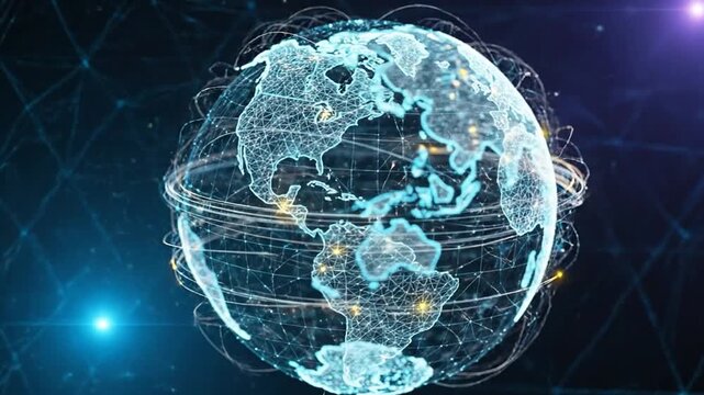 Polygonal world map rotating, futuristic geometric wireframe visualization.