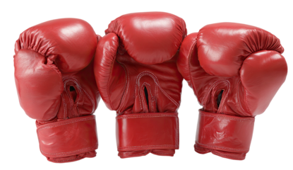 Three red boxing gloves, leather material, posed on a transparent background, side by side