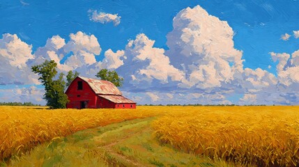Classic red barn surrounded by golden cornfield in rural countryside