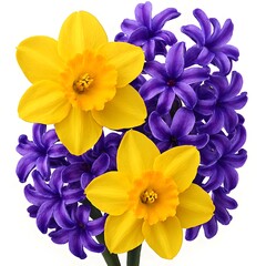 A vibrant bouquet of blue and yellow spring pansy blossoms features delicate violet petals and green flora leaves, capturing the macro beauty of a blooming summer garden isolated in nature