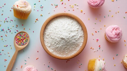 Delicious cupcakes with colorful sprinkles and powdered sugar