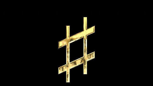 Gold number sign symbol, light reflecting and patterns shifting, alpha channel
