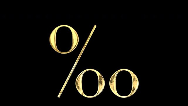 Gold per mille symbol, light reflecting and patterns shifting, alpha channel