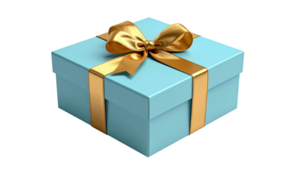 Elegant Light Blue Gift Box with Golden Ribbon and Bow on Isolated Background