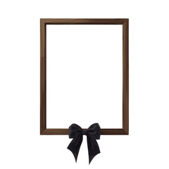 A dark brown wooden picture frame adorned with a black ribbon bow against a white background
