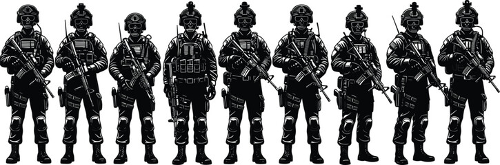 Armed soldiers silhouette, tactical gear, military formation, rifles, combat stance, defense force, black and white, security concept, vector illustration