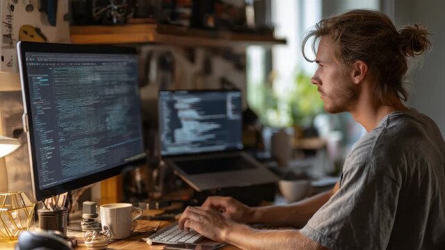 Person focused on coding at a desk in a home workspace during the day with multiple screens and a comfortable atmosphere