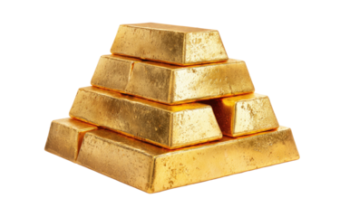 Stacked shiny gold bars forming a pyramid shape against a black backdrop, reflecting light