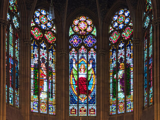 Speyer, Germany. Stained glass windows in the apse of Gedaechtniskirche (The Memorial Church of the Protestation).