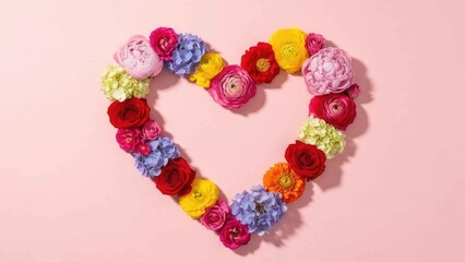 Romantic Heart Shape Formed by Colorful Spring Flowers on Soft Pink Background