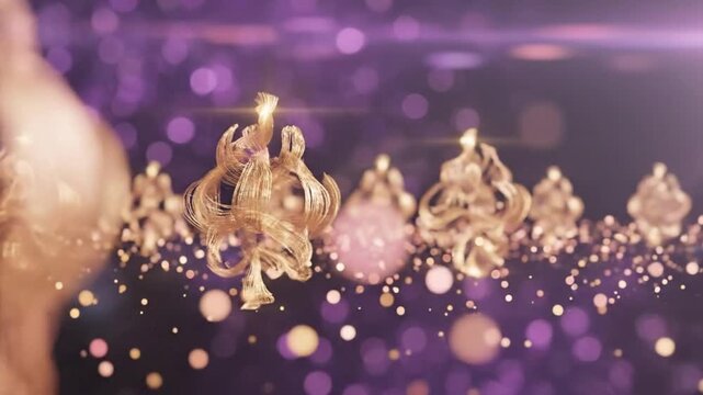Abstract golden wireframe design elements arranged in a row with purple bokeh background and light flares