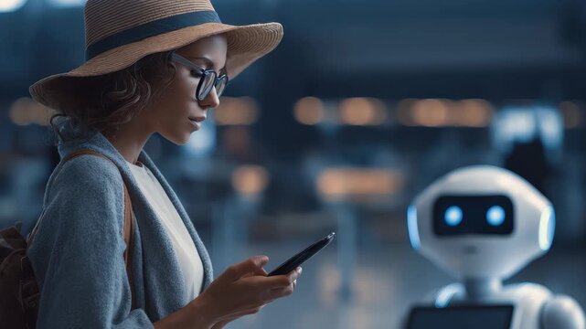 Traveler interacts with robot assistant at airport to streamline international travel insurance claims process while ensuring convenience and support