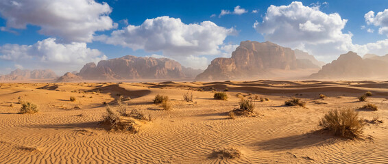 Cinematic Desert Landscape with Golden Sand Dunes and Distant Rocky Mountains, wallpaper ultrawide, 21:9