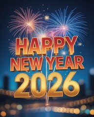 Glittering 2026 New Year Celebration with Fireworks and Golden Typography on a Festive Night Sky Background Ideal for Greeting Cards and Party Invitations