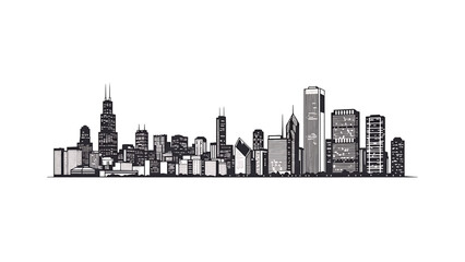 Obraz premium A black and white illustration of a city skyline, featuring various building styles and heights against a stark white background
