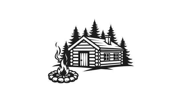A black and white illustration of a cabin in a forest with a campfire. It is a vector design featuring stylized trees, cabin, and flame