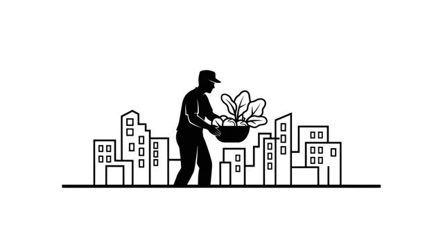 A black and white illustration of a figure carrying a bowl of produce amidst cityscapes, emphasizing urban food and fresh goods