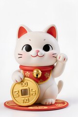 Cute chibi lucky cat character, 3D illustration, Asian festive style, red and gold colors, smiling face, holding gold coin, white background, commercial stock art