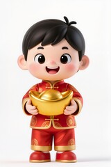 Cute chibi lucky child mascot, 3D illustration, traditional Asian festive outfit, red and gold theme, smiling face, holding gold ingot, isolated white background