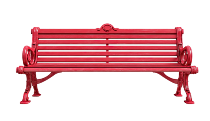 A vibrant, red park bench with ornate armrests and back slats, isolated on a black background