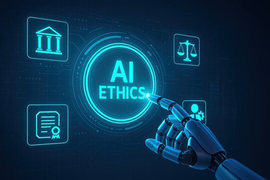 AI Ethics Interface: A conceptual representation of AI ethics, showcasing an illuminated interface with symbolic icons and a robotic arm indicating a point of interest.