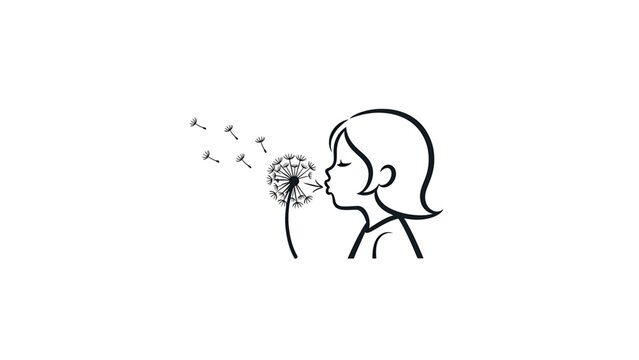 A black and white line drawing of a person blowing dandelion seeds into the air. The subject has short hair