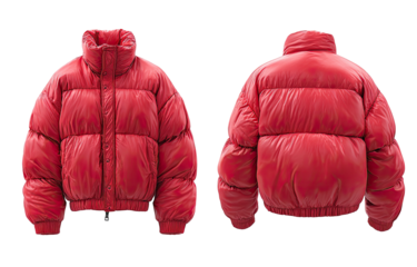 A vibrant red, puffy, down jacket presented in front and back views against a black background