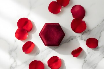 Red Velvet Engagement Ring Box and Rose Petals on Marble Table