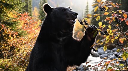 Black bear foraging for berries near a river during autumn in a forest with golden sunlight illuminating the scene