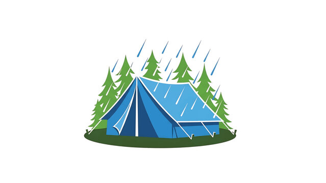 A camping tent, illustrated with a blue roof, and a green patch of grass. Rain falls, and green pine trees surround the tent
