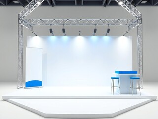 Modern exhibition booth with blue accents