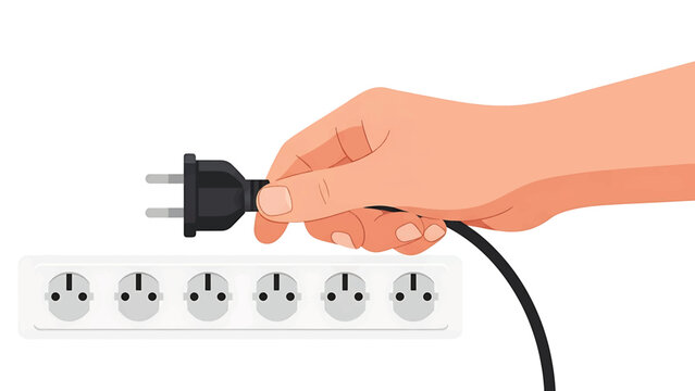 A cartoon depiction of a hand holding a black electrical plug with two prongs, near a white power strip with six outlets