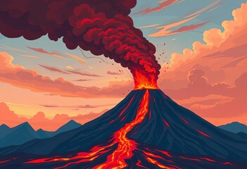 Stylized digital illustration of an erupting volcano, spewing red-orange lava and smoke against a dramatic sky,  dramatic,  lava