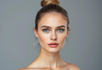 Striking blue eyes, natural makeup, neat bun, direct gaze Studio portrait on grey, ideal for beauty, skincare, or fashion ,  bun hairstyle,  healthy skin