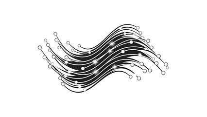 A black and white graphic design with curved lines forming a wave shape, featuring small circles and sparkling stars. It is on a white background