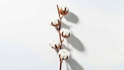 Natural Cotton Branch with Soft White Bolls on Clean Minimalist White Background