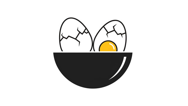 A black bowl holds two cracked eggs. One egg shows a golden yolk, the other a cracked shell. It's a simple, illustrative design on white