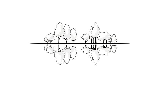 A black and white illustration of trees mirrored by a line. Above the line are various tree shapes. The reflections appear below the line