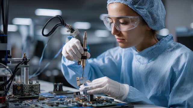 Skilled technician performing precise assembly of printed circuit boards in a modern electronics manufacturing facility
