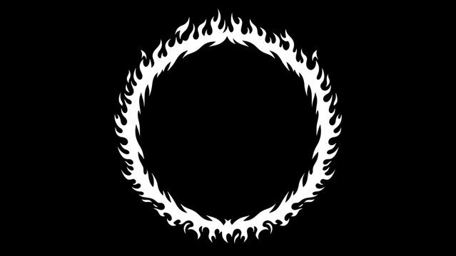 A black and white graphic design featuring an oval shape surrounded by a stylized flame pattern. A negative space is in the center